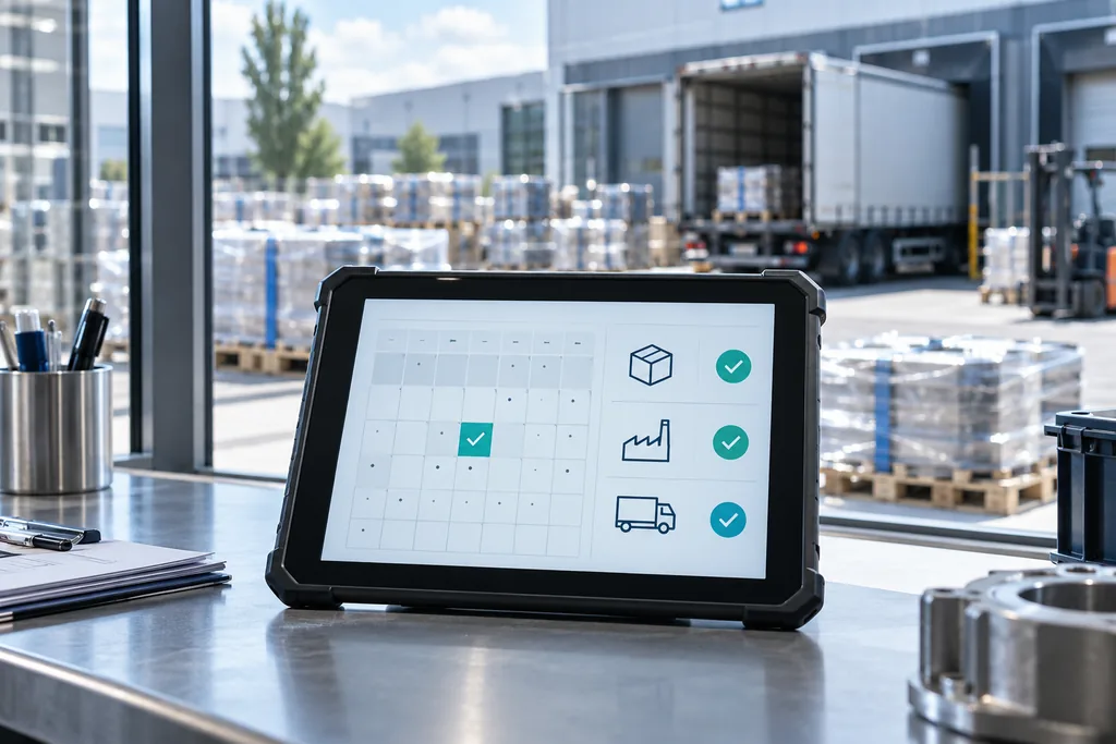 Tablet mit bestätigtem Liefertermin und Statusprüfungen für Material, Produktion und Versand. KI-generierte Illustration.