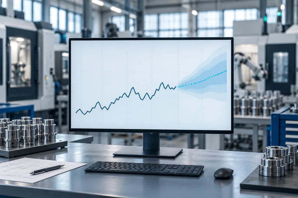 Monitor mit historischer Nachfragekurve und Prognosebereich vor einer Fertigungslinie. KI-generierte Illustration.