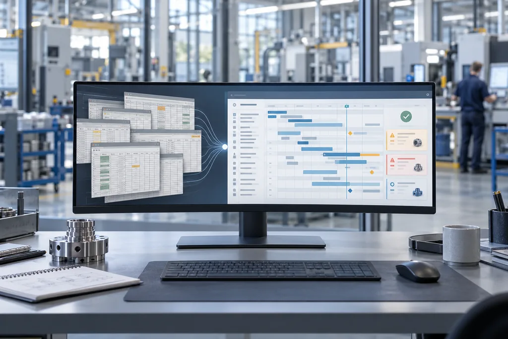 Einzelne Tabellen werden auf einem Monitor zu einer gemeinsamen Produktionsplanung mit Freigaben und Ausnahmen zusammengeführt. KI-generierte Illustration.