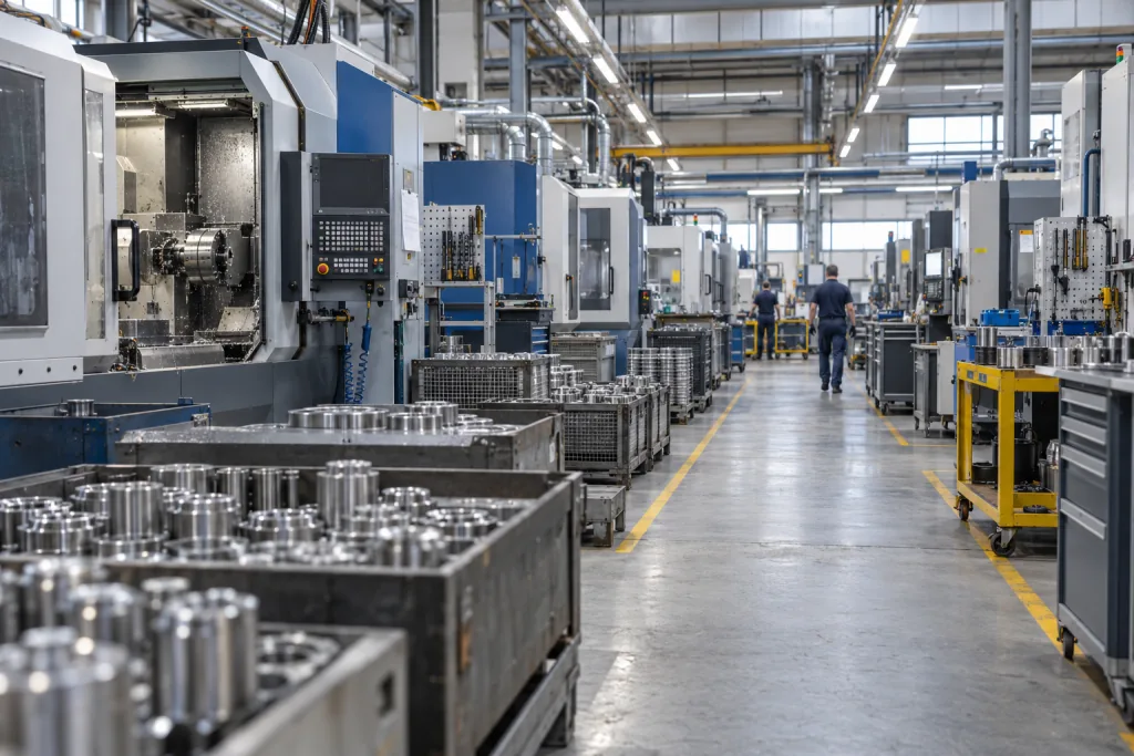 KI-generiertes Branchenmotiv eines Automobilzulieferers mit CNC-Fertigung und Präzisionsteilen.