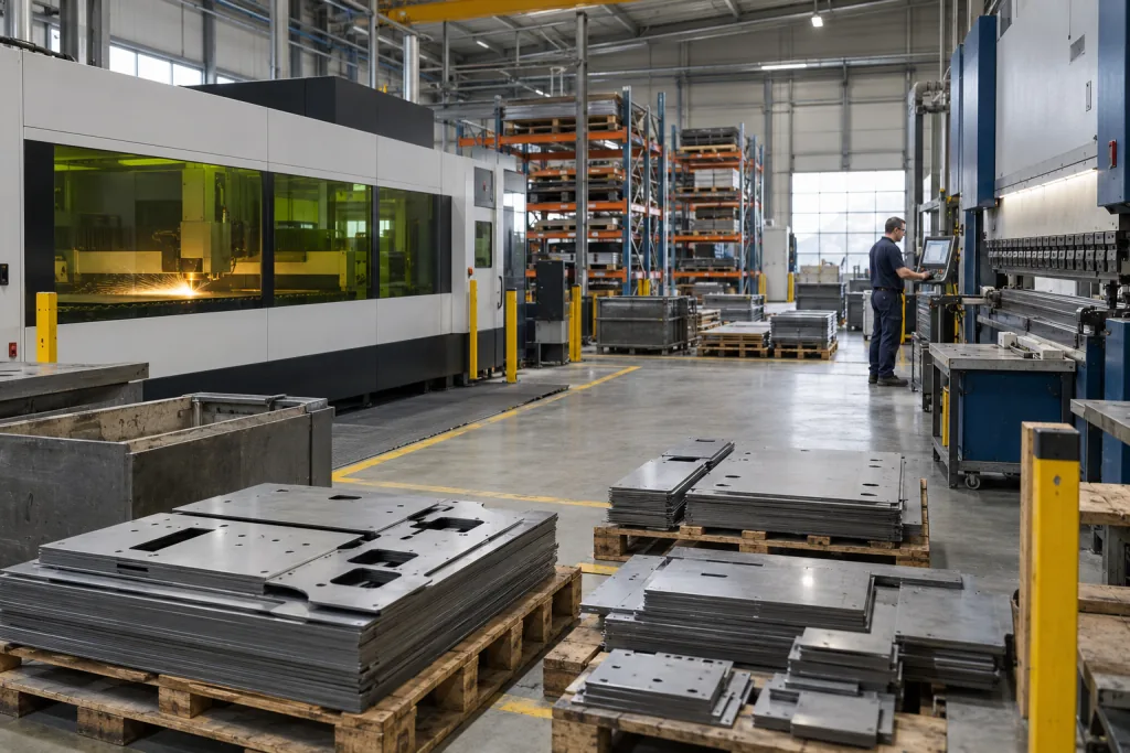 Laserschneidanlage und Abkantpresse in der Metallverarbeitung. KI-generiertes Branchenmotiv.