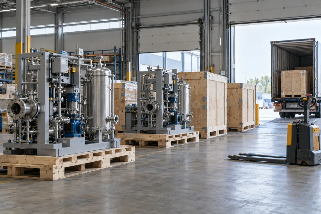 KI-generiertes Branchenmotiv eines Maschinenbau-Versands mit Baugruppen und Transportkisten.