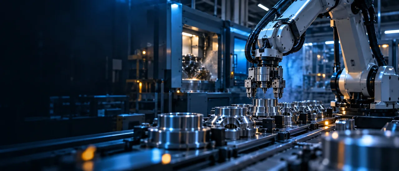 Industrieroboter bei der Bearbeitung metallischer Bauteile in einer Fertigungsanlage